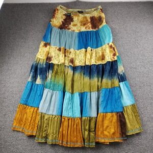 Lyndia Womens Boho Tiered Maxi Skirt Blue Yellow Lace Pleated Size M Concert